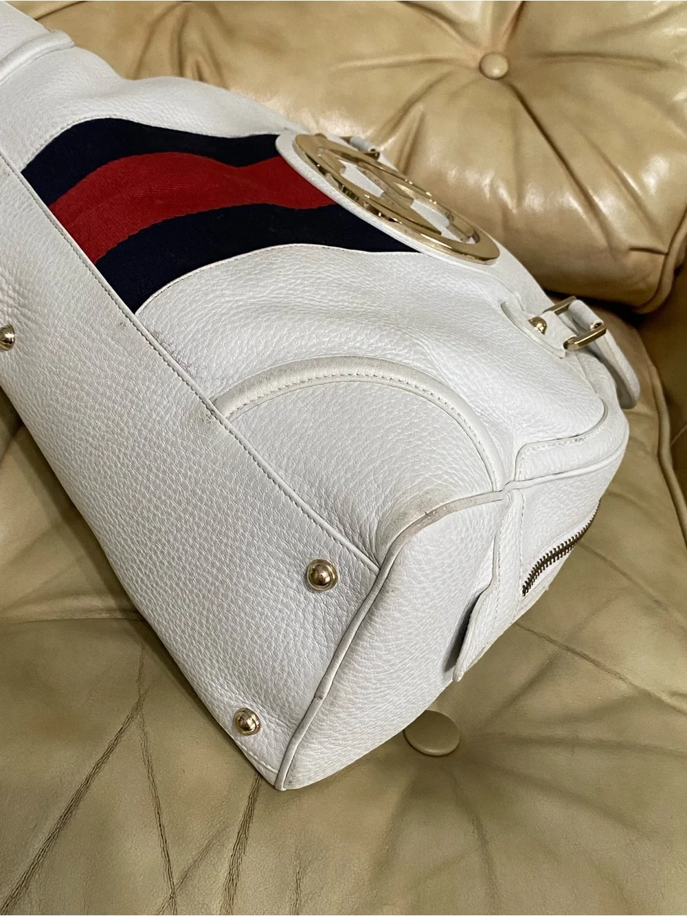 RARE Gucci XL Blondie Travel Bag Dome Satchel Web Stripe Pebble Leather